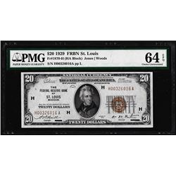 1929 $20 Federal Reserve Note St. Louis Fr.1870-H PMG Choice Uncirculated 64EPQ