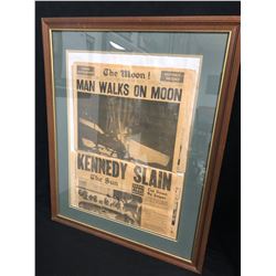 VINTAGE 1963 FRAMED NEWSPAPERS (MAN WALKS ON THE MOON/ KENNEDY SLAIN)
