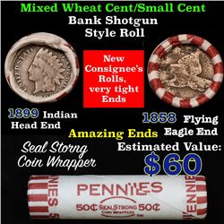 Mixed small cents 1c orig shotgun roll, 1858 Flying Eagle Cent, 1899 Indian Cent other end