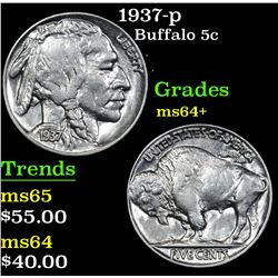 1937-p Buffalo Nickel 5c Grades Choice+ Unc