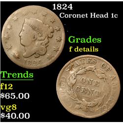 1824 Coronet Head Large Cent 1c Grades f details