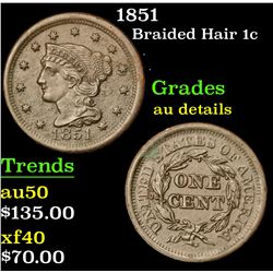 1851 Braided Hair Large Cent 1c Grades AU Details