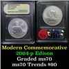 Image 1 : 2004-p Edison Modern Commem Dollar $1 Graded ms70, Perfection By USCG