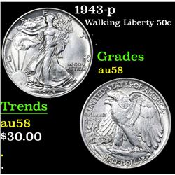 1943-p Walking Liberty Half Dollar 50c Grades Choice AU/BU Slider