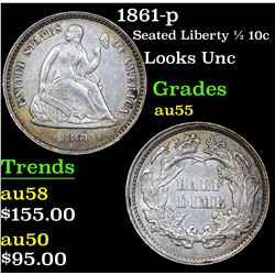 1861-p Seated Liberty Half Dime 1/2 10c Grades Choice AU