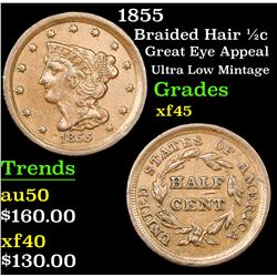 1855 Braided Hair Half Cent 1/2c Grades xf+