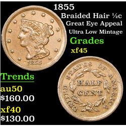 1855 Braided Hair Half Cent 1/2c Grades xf+