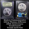 Image 1 : 1993-p Jefferson Modern Commem Dollar $1 Graded ms70, Perfection By USCG