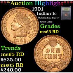 ***Auction Highlight*** 1901 Indian Cent 1c Graded GEM Unc RD By USCG (fc)