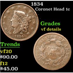 1834 Coronet Head Large Cent 1c Grades vf details