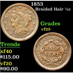 1853 Braided Hair Half Cent 1/2c Grades vf+