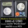 Image 1 : 1991-d USO Modern Commem Dollar $1 Graded ms70, Perfection By USCG