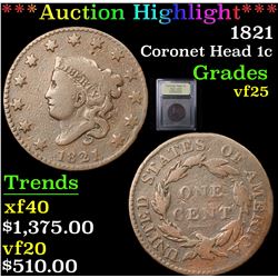 ***Auction Highlight*** 1821 Coronet Head Large Cent 1c Graded vf+ By USCG (fc)