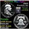 Image 1 : ***Auction Highlight*** 1962 Franklin Half Dollar 50c Graded GEM++ Proof Deep Cameo By USCG (fc)