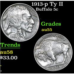 1913-p Ty II Buffalo Nickel 5c Grades Choice AU