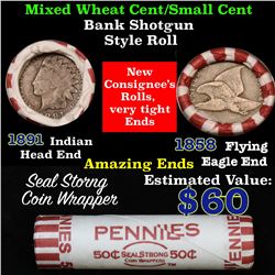 Mixed small cents 1c orig shotgun roll, 1858 Flying Eagle, 1891 Indian Cent other end