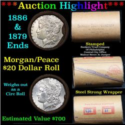 ***Auction Highlight*** Full Morgan/Peace silver dollar roll $20, 1886 & 1879 ends Mixed dates  (fc)