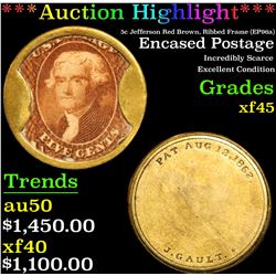 *Auction Highlight* 5c Jefferson Red Brown, Ribbed Frame (EP96a) Encased Postage 5c Grades xf+ (fc)