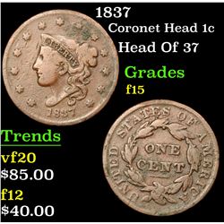 1837 Coronet Head Large Cent 1c Grades f+