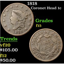 1818 Coronet Head Large Cent 1c Grades f+