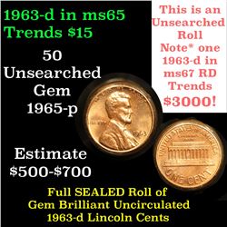 Full roll of 1963-d Lincoln Cents 1c Uncirculated Condition . .