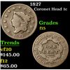 Image 1 : 1827 Coronet Head Large Cent 1c Grades f+