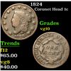 Image 1 : 1824 Coronet Head Large Cent 1c Grades vg+