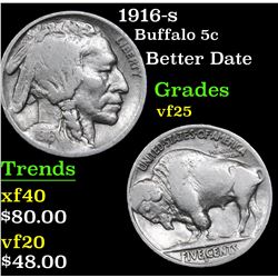 1916-s Buffalo Nickel 5c Grades vf+