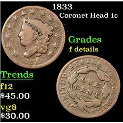 1833 Coronet Head Large Cent 1c Grades f details