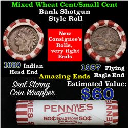 Mixed small cents 1c orig shotgun roll, 1857 Flying Eagle Cent, 1889 Indian Cent other end