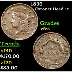 1836 Coronet Head Large Cent 1c Grades vf+