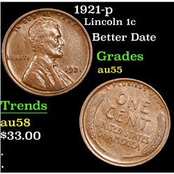 1921-p Lincoln Cent 1c Grades Choice AU