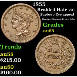 1855 Braided Hair Half Cent 1/2c Grades Choice AU