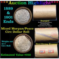 ***Auction Highlight*** Full Morgan/Peace silver dollar roll $20, 1901 & 1889 ends Mixed dates  (fc)