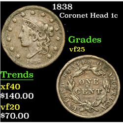 1838 Coronet Head Large Cent 1c Grades vf+