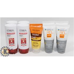 BAG OF TRAVEL SIZE SUNSCREENS AND SHAMPOOS