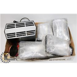 FLAT OF 4 VEHICLE LIGHTS, NEW HEATER AND MORE