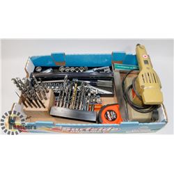 FLAT OF ASSORTED TOOLS INCLUDING SOCKETS, DRILL