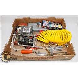 FLAT OF ASSORTED TOOLS INCLUDING AIR HOSE, TAPE