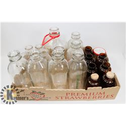 BOX OF VINTAGE MILK BOTTLES/JARS.