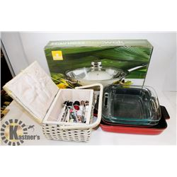 LOT OF 4 PYREX BAKEWARE WITH 1 STAINLESS STEEL WOK