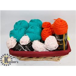 BASKET OF KNITTING WORSTED YARN-6 ORANGE, 4 GREEN