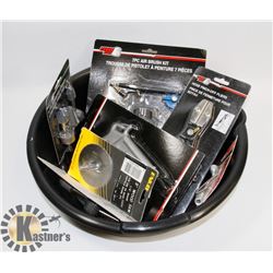 OIL DRAIN PAN WITH ASSORTED TOOLS INCL PLIERS,