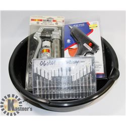 OIL DRAIN PAN WITH GREASE GUN, HOT GLUE GUN, 16PC