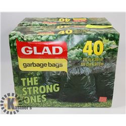 2 BOXES OF GLAD GARAGE BAGS 26X56, 40 IN EACH.