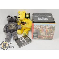 2 BEATLES BEARS, SGT PEPPER CRATE & PLAYING CARDS.