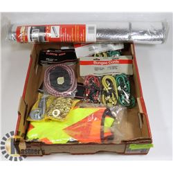 FLAT OF ASSORTED INCL BUNGEES, REFLECTIVE VEST,