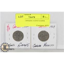 LOT OF 2 CANADA 5 CENT COINS 1922, 1924