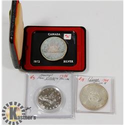 LOT OF 3 CANADA $1 COINS, 1972 SILVER DOLLAR, 1964