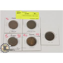 LOT OF 5 LARGE PENNIES, 1909, 1918, 1859,1886